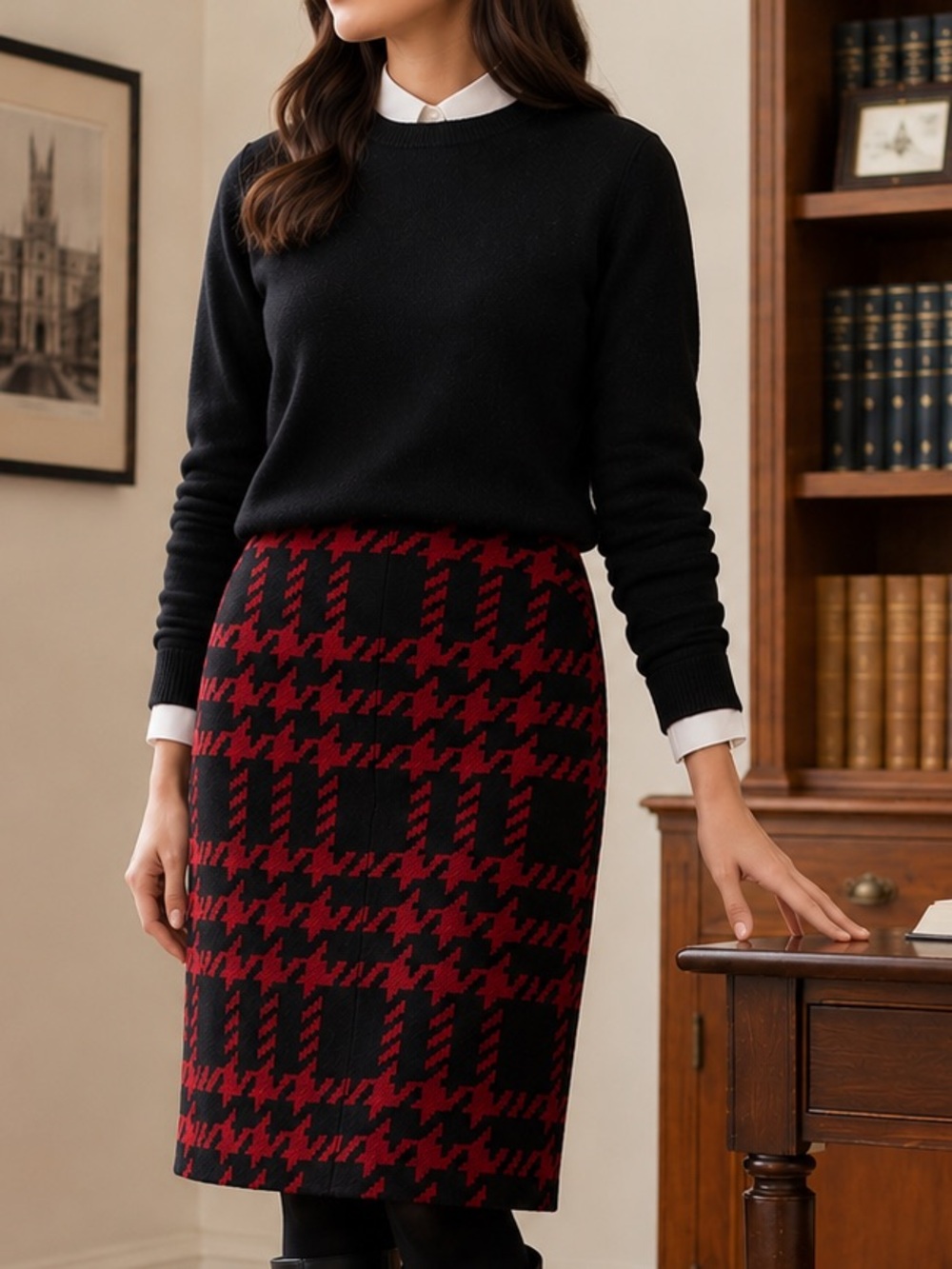 Talbots Dark Red Black Houndstooth Wool Blend Pencil Skirt Size 14